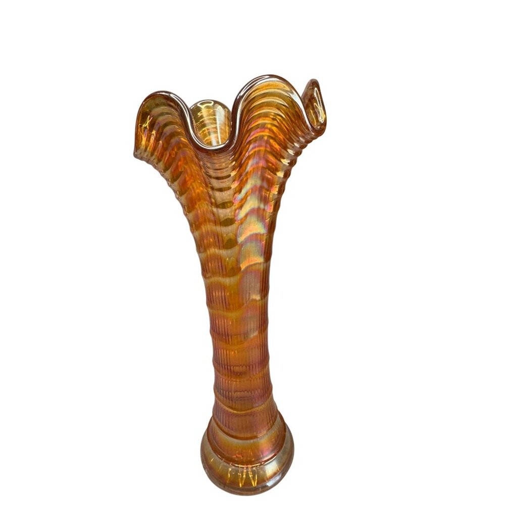Antique Marigold Carnival Funeral Vase Ruffled Rim Glass Ribbed 10.5 Inch Tall - Picture 7 of 8